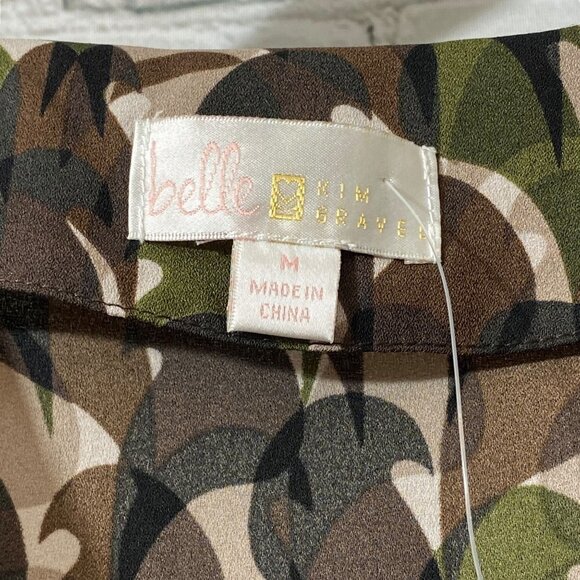 Belle by Kim Gravel Top Size Medium Olive Camo Print Blouse Long Sleeve Crossove - Picture 6 of 10